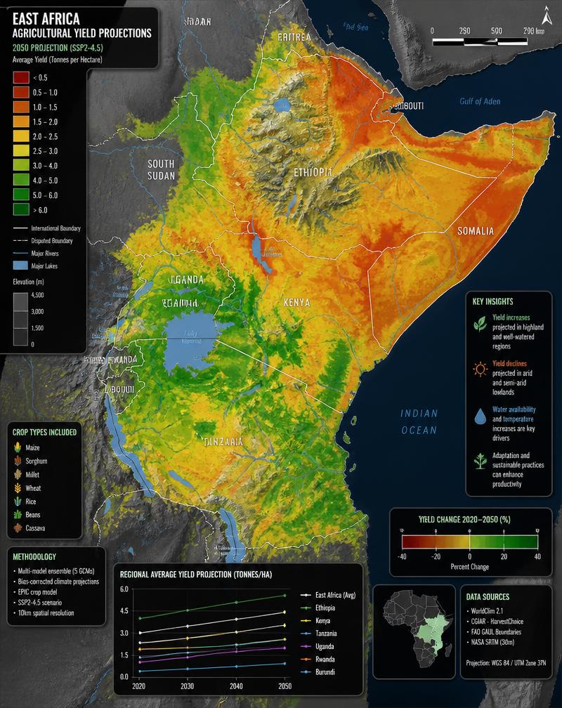 East Africa agricultural yield projection heatmap showing regional volatility